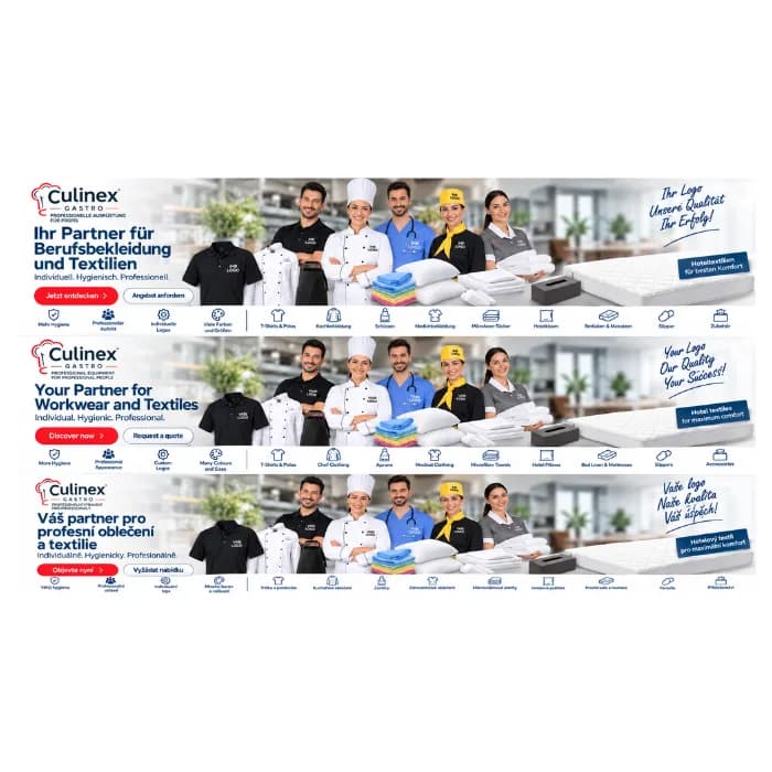 Culinex Berufsbekleidung und Textilien für Gastronomie, Medizin und Hotel mit individuell bedruckbaren T-Shirts, Kochbekleidung, Schürzen, Mikrofasertüchern, Kissen, Bettlaken und Hoteltextilien.
