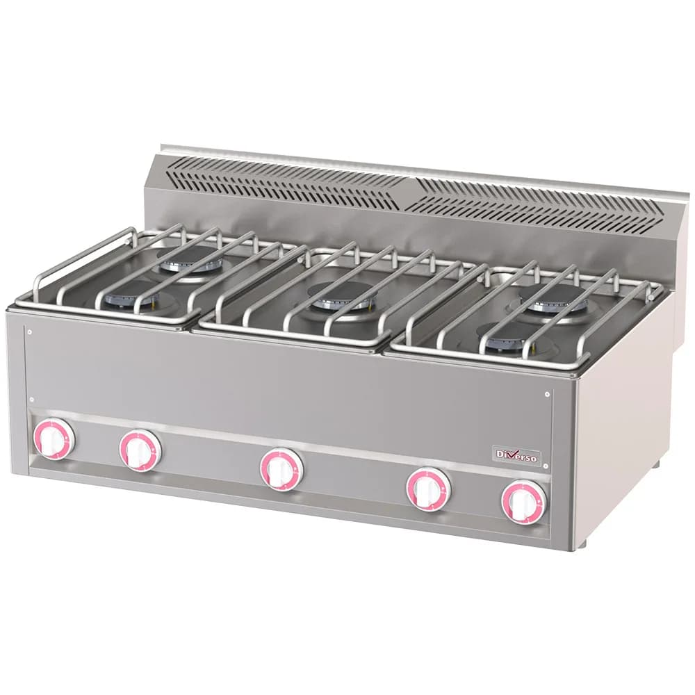 5 Gözlü Gazlı Ocak, 2x 3 kW + 3x 3,6 kW, (G x D x Y) 988 x 609 x 290 mm, Paslanmaz Çelik
