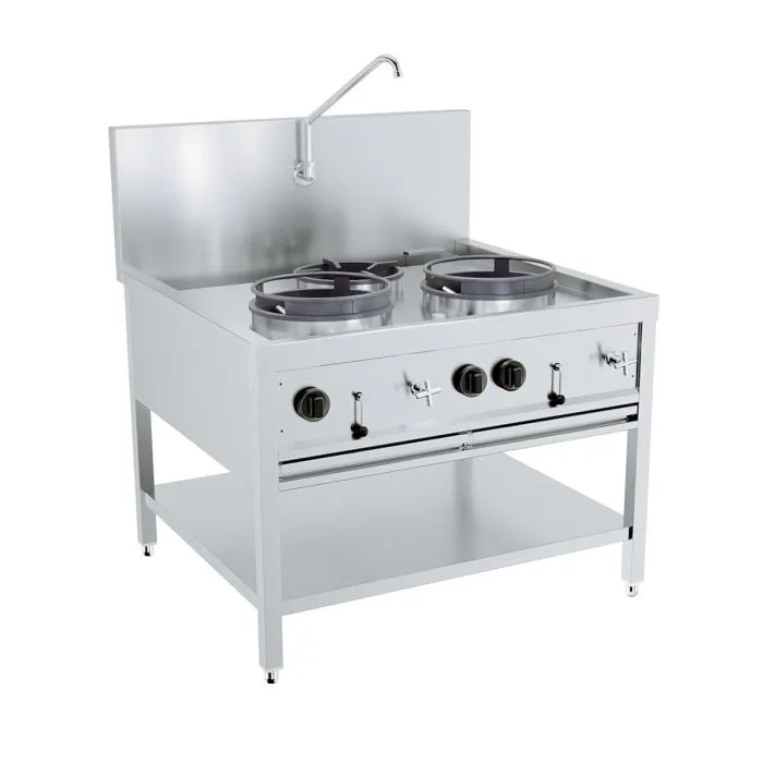 Plynový wok stůl, 2 x 17 kW + 1 x 9 kW, (Š x H x V) 1000 x 900 x 750 mm