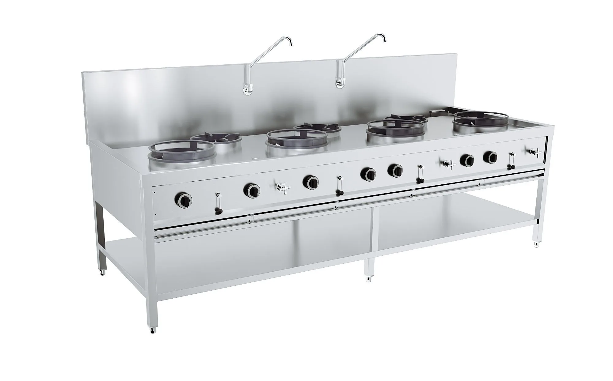 Gas Woktisch, 4 x 17 kW + 3 x 9kW, (B x T x H) 2500 x 900 x 750 mm
