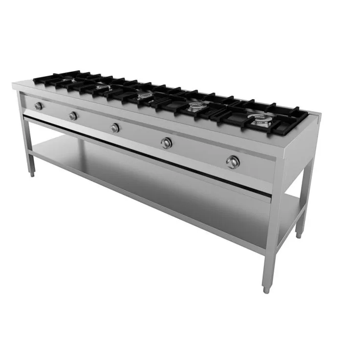 Gas wok table for pancakes, 5 x 6.5 kW, (W x D x H) 2080 x 600 x 800 mm