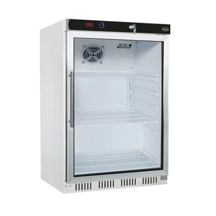 White countertop glass-door refrigerator, 130 litres, fan-assisted static cooling, (WxDxH) 600 x 585 x 855 mm