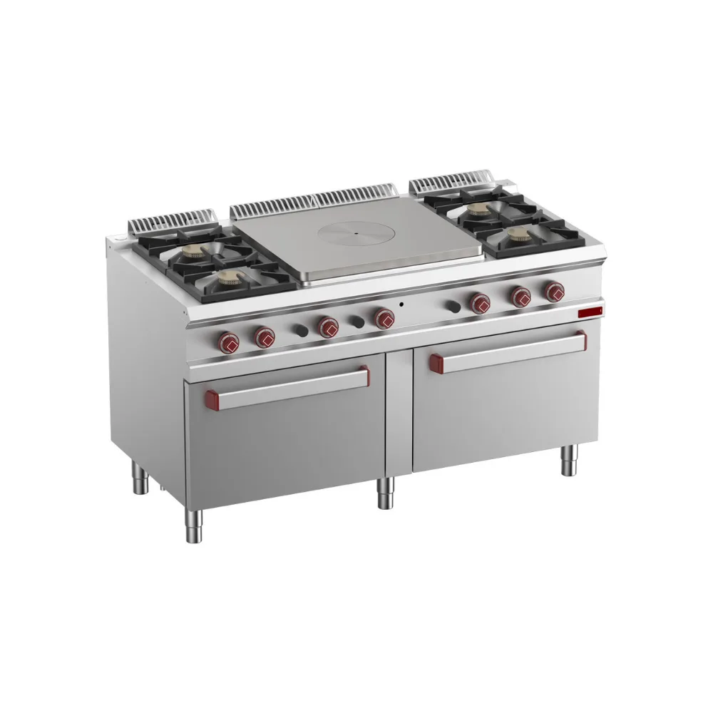 OptiTech 700│ Plynový sporák se 4 hořáky a centrální žhavicí deskou - 42995 kcal/h & 2 plynové trouby GN 1/2, (Š x H x V) 1500 x 700 x 920 mm