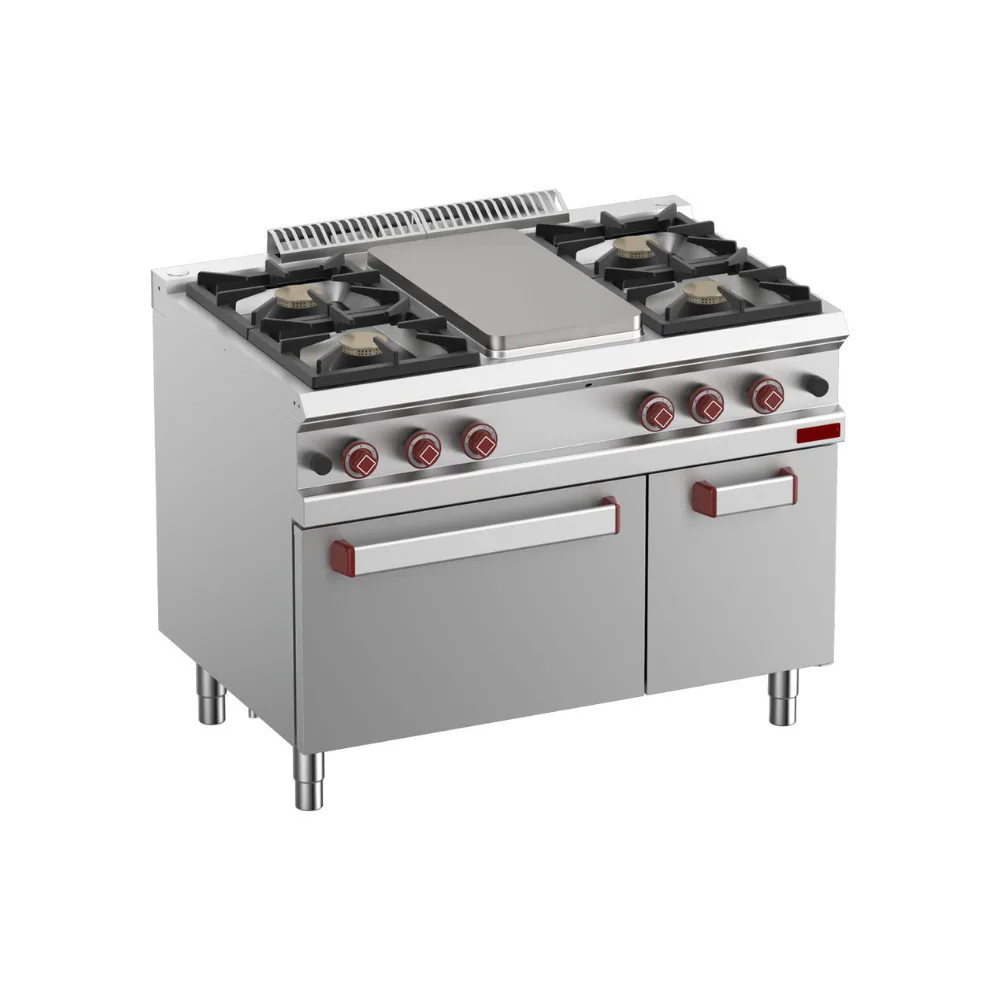 OptiTech 700│ Gas Stove with 4 Burners & Central Cooking Plate - 33970 kcal/h & Gas Oven GN 1/2 & Cabinet GN 1/1, (W x D x H) 1100 x 700 x 920 mm