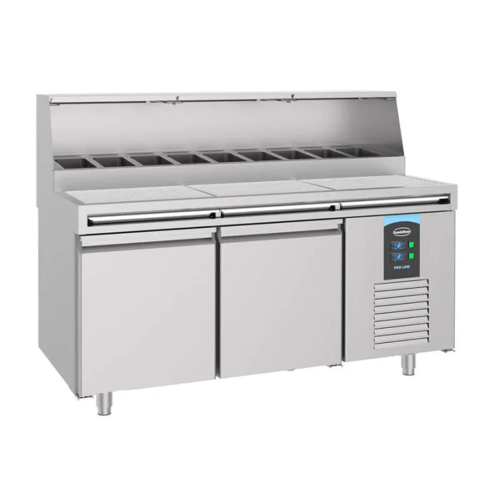 Stainless steel pizza prep counter AISI 304, 2 doors, for 9× GN 1/3 pans, fan‑assisted (Umluft), (WxDxH) 1790 x 850 x 1360 mm