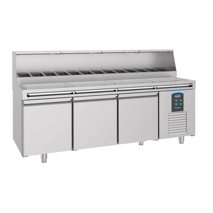 Stainless steel pizza prep counter AISI 304, 3 doors, for 13× GN 1/3 pans, fan‑assisted (Umluft), (WxDxH) 2370 x 850 x 1360 mm