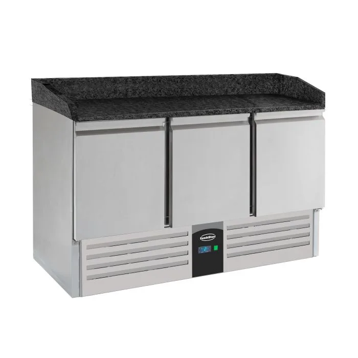 Siyah granit tablalı paslanmaz çelik pizza hazırlık tezgâhı, 3 kapılı, statik soğutmalı, Compact Line, (GxDxY) 1400 × 700 × 1020 mm