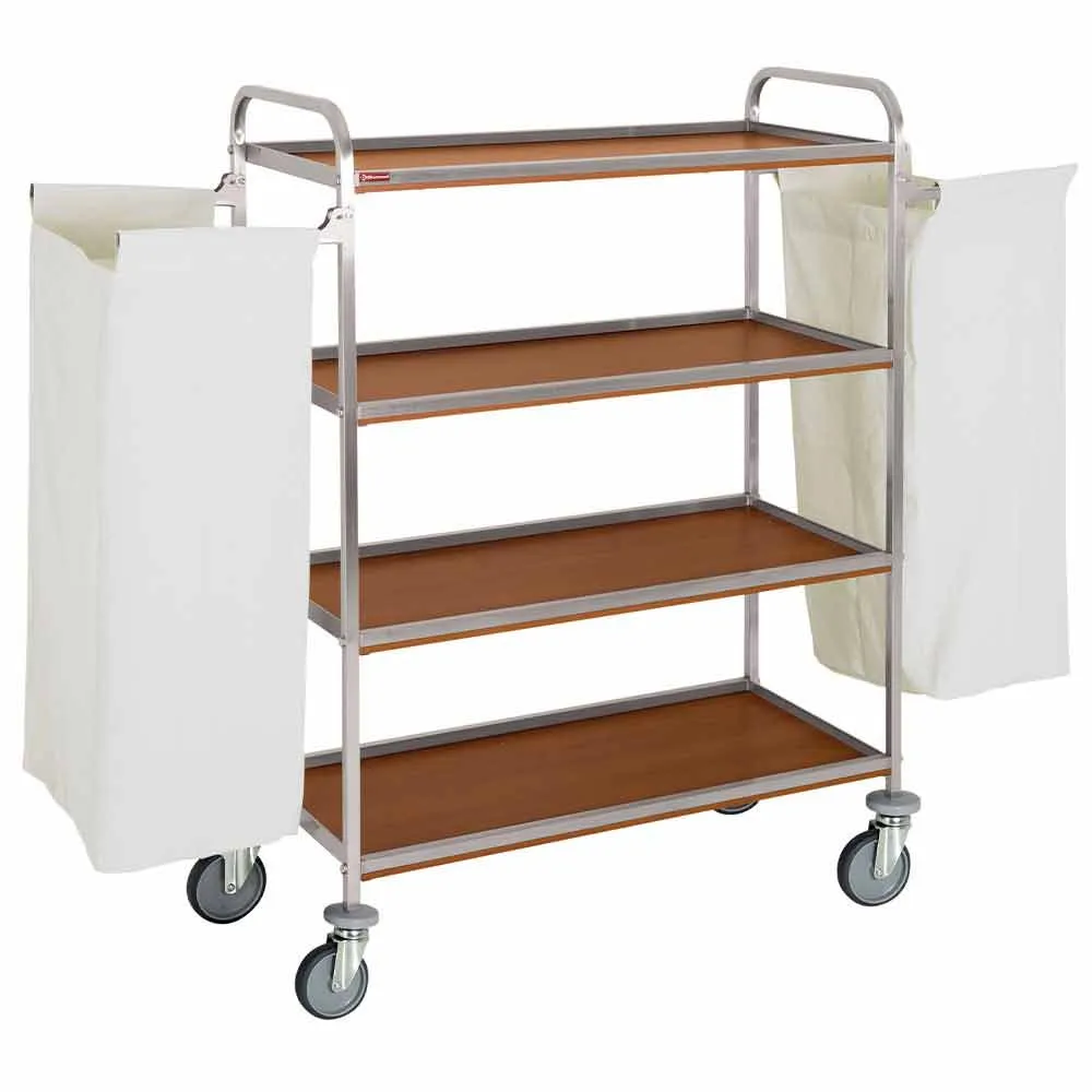Servicewagen aus Edelstahl, 4 Böden, 2 Wäschesäcke- dunkle Eiche - 810 x 1200 x 1370