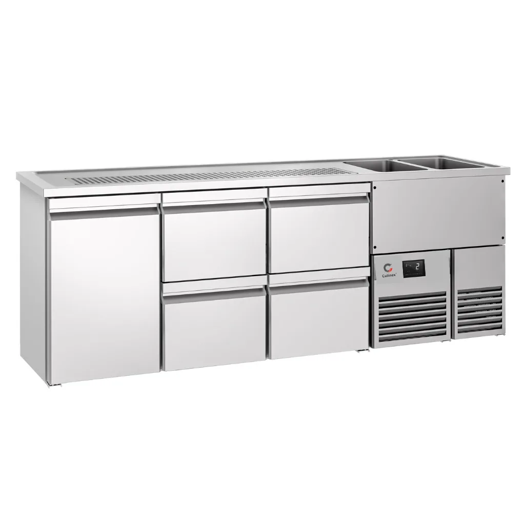 Baarový pult z nerezové oceli, 2500 mm, 2 dřezy vpravo, 1 dveře & 4 zásuvky, cirkulační chlazení -2°C až +8°C, (Š x H x V) 2500 x 700 x 960 mm