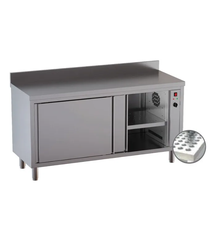 Stainless steel holding cabinet with 2 sliding doors and upstand – 1600 × 600 × 850 mm