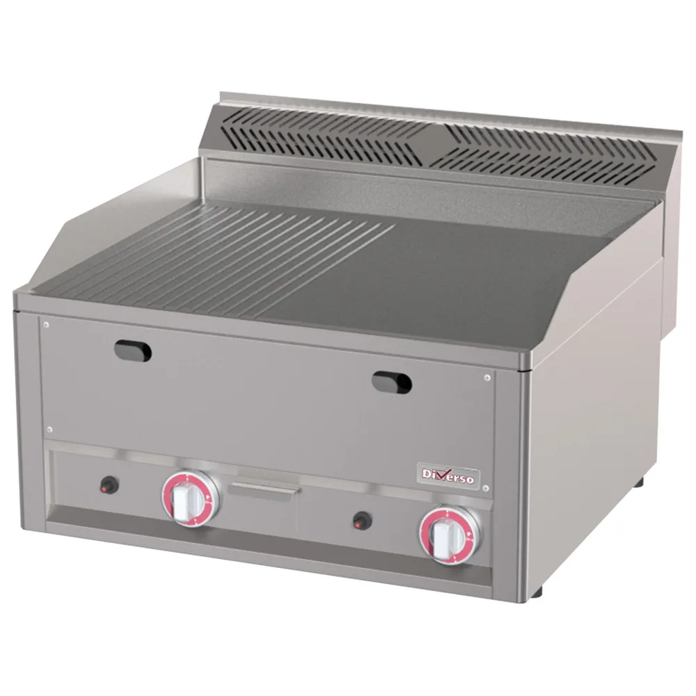 Double gas cooking plate, 1/2 flat, 1/2 grooved, 8 kW, (W x D x H) 660 x 600 x 290 mm, cast iron