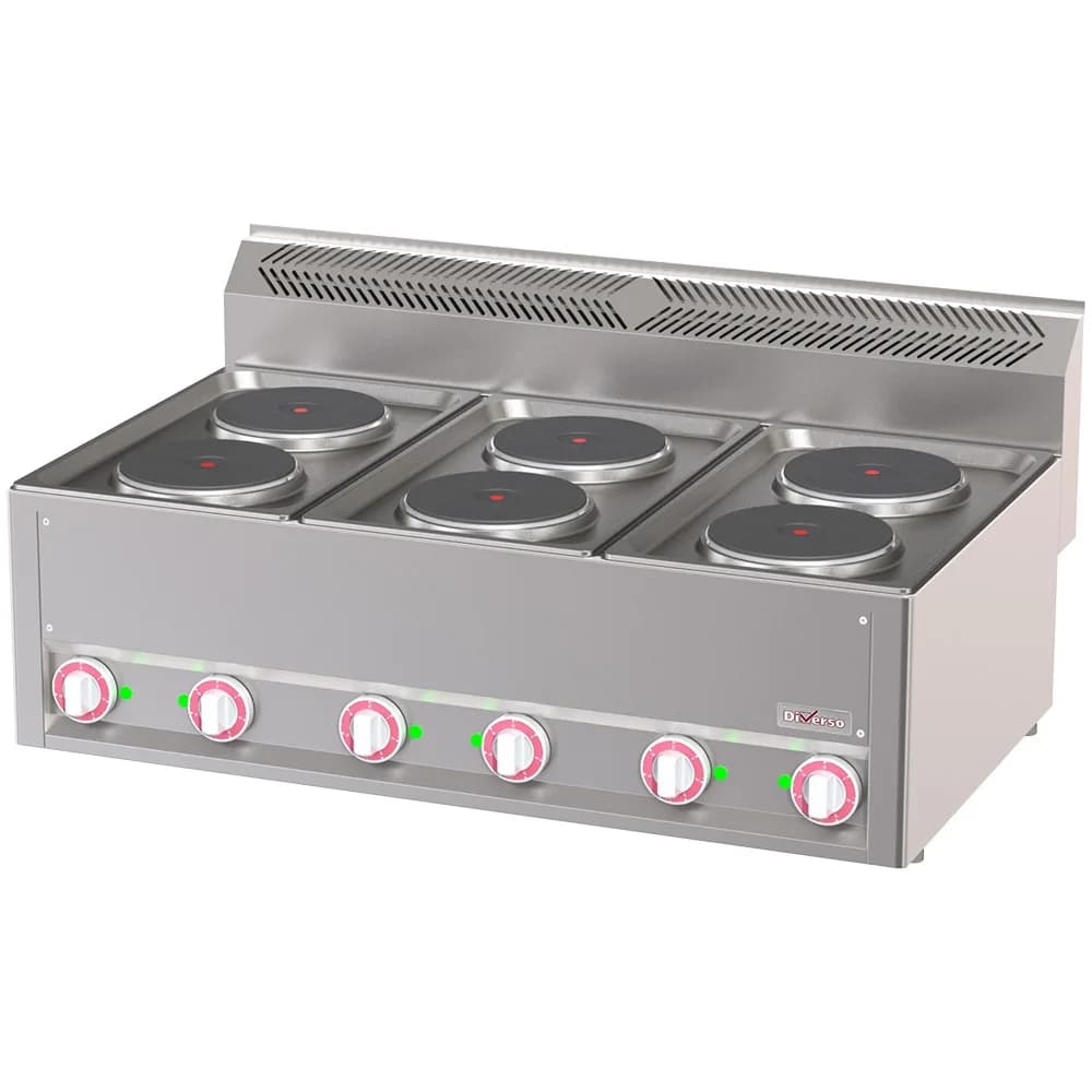Elektroherd 6 Kochplatten, Gusseisen, 12 kW, (B x T x H) 990 x 600 x 290 mm, Edelstahl